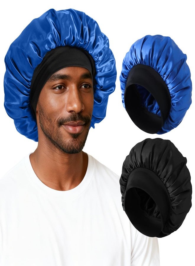 ZHENSILK 2PCS Silk Satin Bonnet for Men Sleeping, Soft Hair Cap for Locs Dreads Braids, Lightweight Night Bonnet for Curly Hair Protection (Black Silver) - Image 1